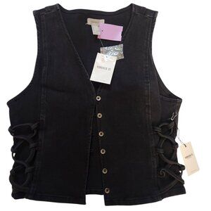 NWT Forever 21 Vest Black Size Large Denim Button Up Lace Sleeveless